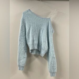 Light blue off the shoulder fuzzy sweater with pearls